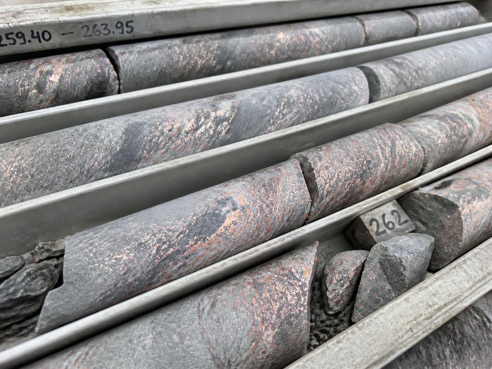 Split drill core laid out in core trays