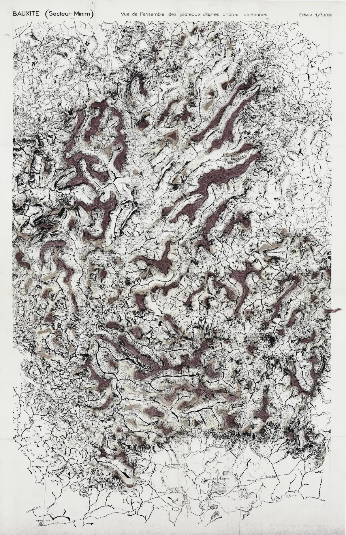 Hand-drawn 1:50,000 bauxite survey sheet of plateau country, compiled from aerial photographs